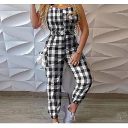 Elegant plaid jumpsuit - spaghetti straps - with pockets / beltJumpsuits