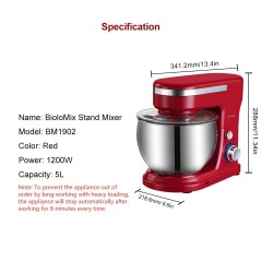 BioloMix - kitchen stand mixer - stainless steel bowl - 6-speed / whisk / dough kneading - 1200W / 5LBakeware