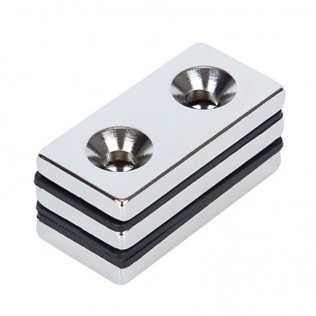 N52 - neodymium magnet - strong countersunk block - 40mm * 20mm * 5mm - with double 5mm hole - 3 piecesN52