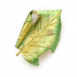 Leaf with a silkworm - crystal broochBrooches