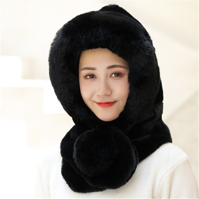 Fur winter hat with scarf - balaclava with pom pomScarves