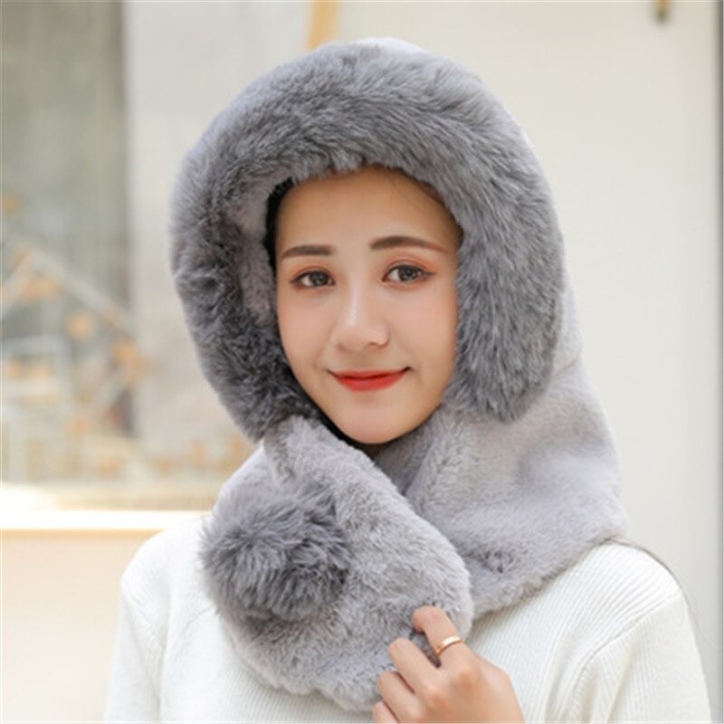 Fur winter hat with scarf - balaclava with pom pomScarves