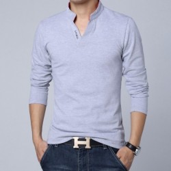 Classic elegant t-shirt - with mandarin collar - long sleeve - slim fit - cottonT-shirts