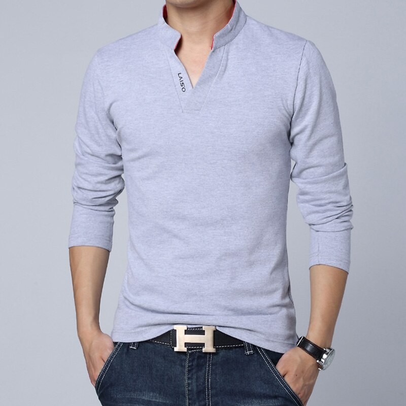 Classic elegant t-shirt - with mandarin collar - long sleeve - slim fit - cottonT-shirts