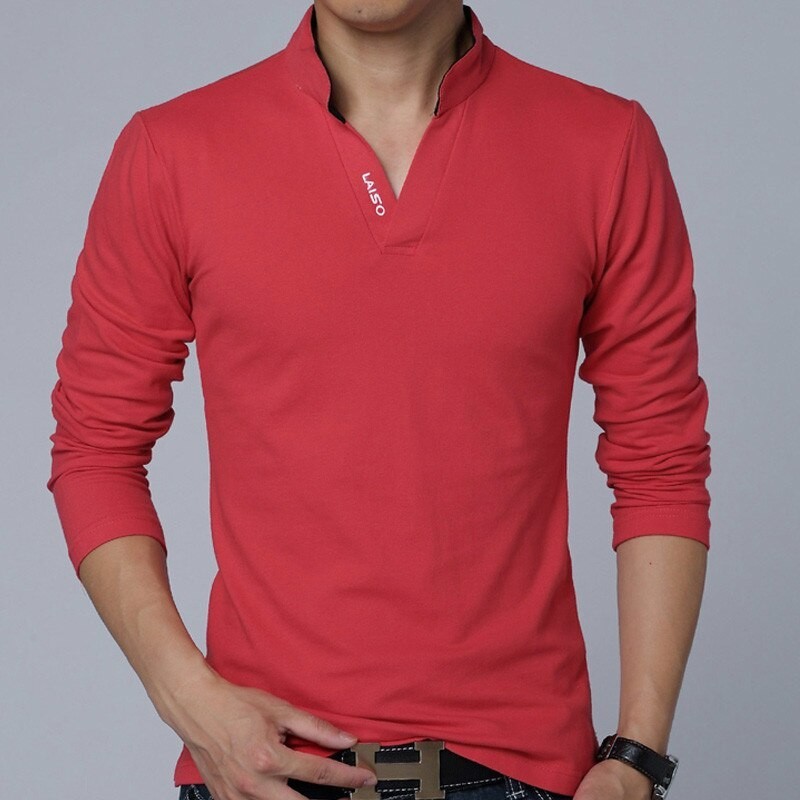 Classic elegant t-shirt - with mandarin collar - long sleeve - slim fit - cottonT-shirts