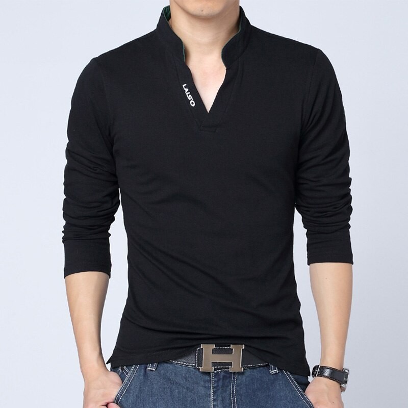 Classic elegant t-shirt - with mandarin collar - long sleeve - slim fit - cottonT-shirts