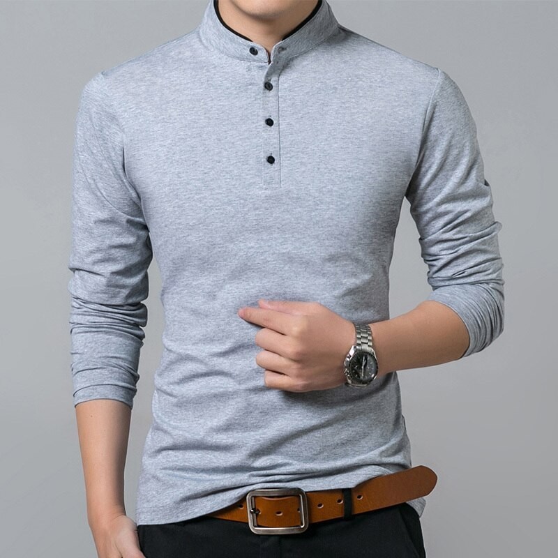 Elegant t-shirt - long sleeve - mandarin collar with buttons - cottonT-shirts