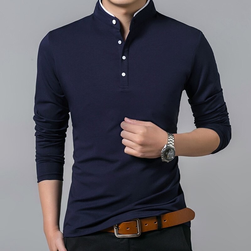 Elegant t-shirt - long sleeve - mandarin collar with buttons - cottonT-shirts