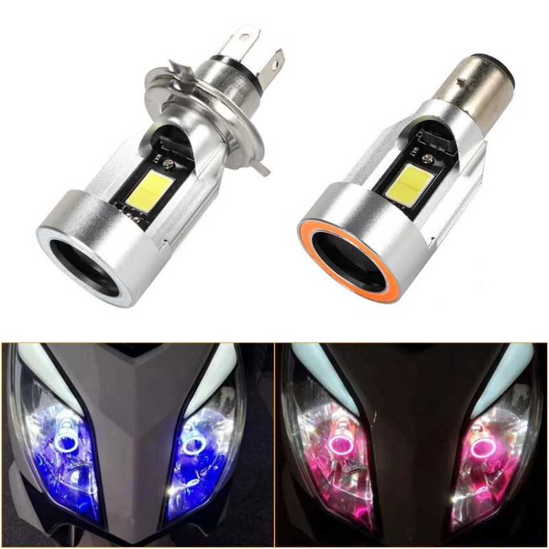 Motorcycle light bulb - Angel Eye LED - red / blue - H4 / BA20DH4