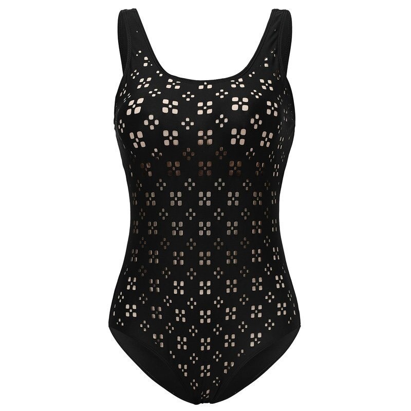 One piece swimming suit - black racer back - hollow-outBeachwear