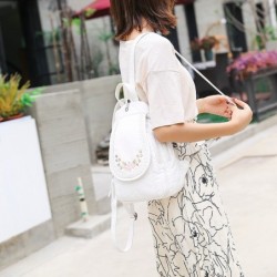 Fashionable leather backpack - cats / flowers print - white / black / pinkBackpacks