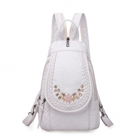 Fashionable leather backpack - cats / flowers print - white / black / pinkBackpacks