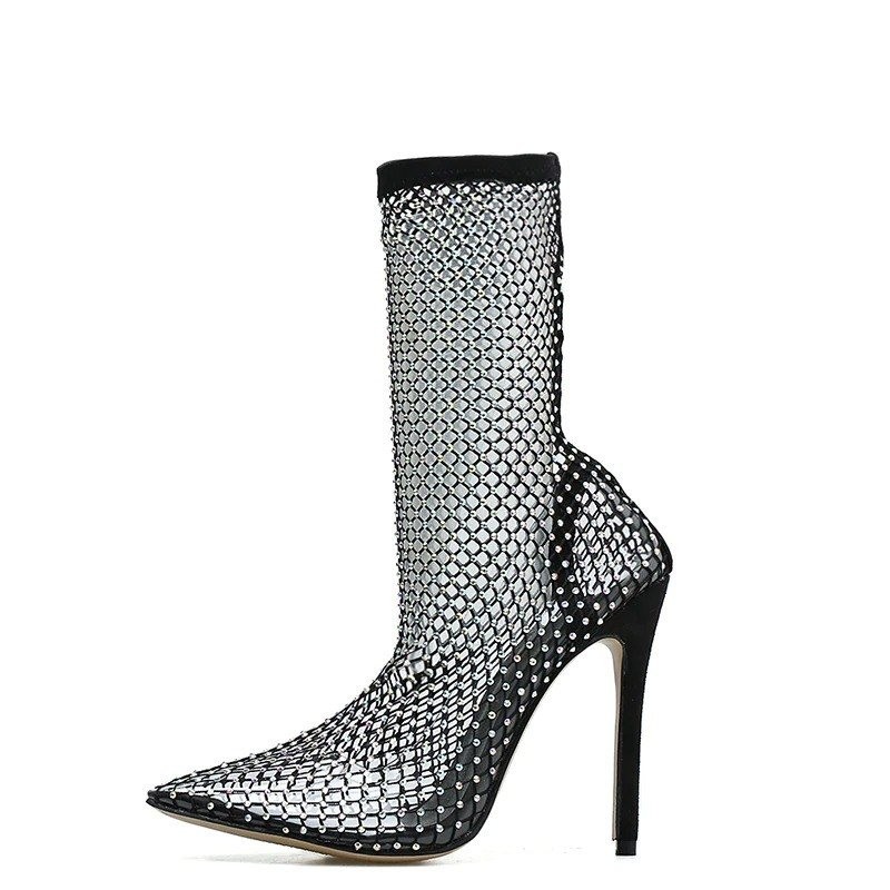 Sexy high-heeled mesh boots - transparent half-calf bootsHigh heels