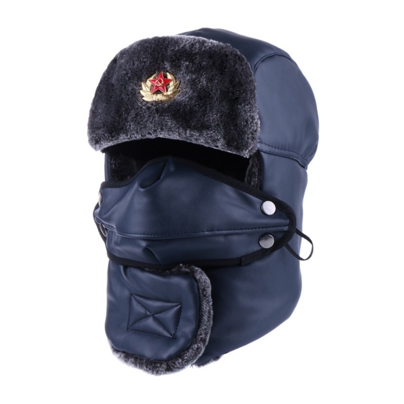 Warm winter leather hat - with neck / face cover / ear flaps - Russian / Soviet badgeHats & Caps