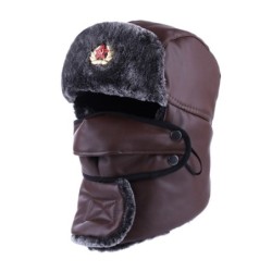 Warm winter leather hat - with neck / face cover / ear flaps - Russian / Soviet badgeHats & Caps
