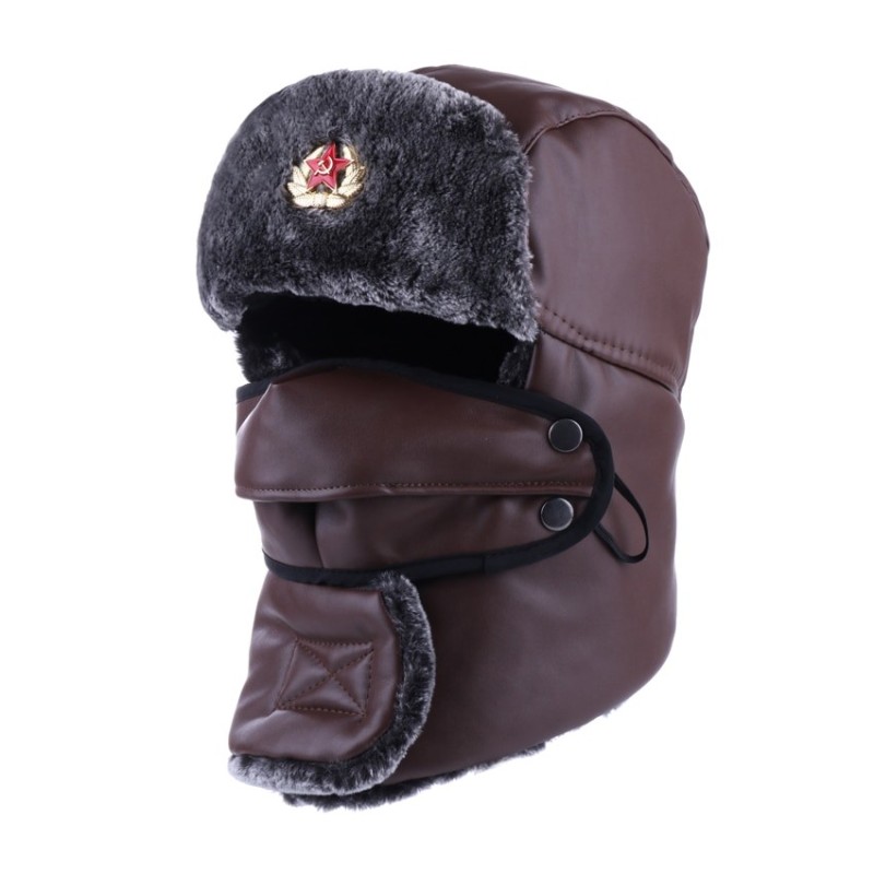 Warm winter leather hat - with neck / face cover / ear flaps - Russian / Soviet badgeHats & Caps