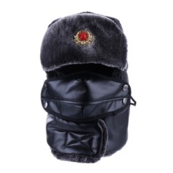 Warm winter leather hat - with neck / face cover / ear flaps - Russian / Soviet badgeHats & Caps