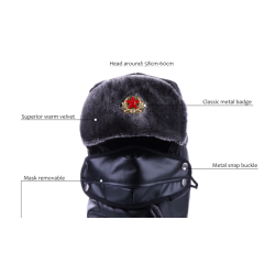 Warm winter leather hat - with neck / face cover / ear flaps - Russian / Soviet badgeHats & Caps