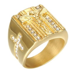 Luxurious gold ring - with Jesus / cross / white cubic zirconia - unisexRings