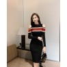 Striped pencil dress - strapless - with side slit / buttonsDresses