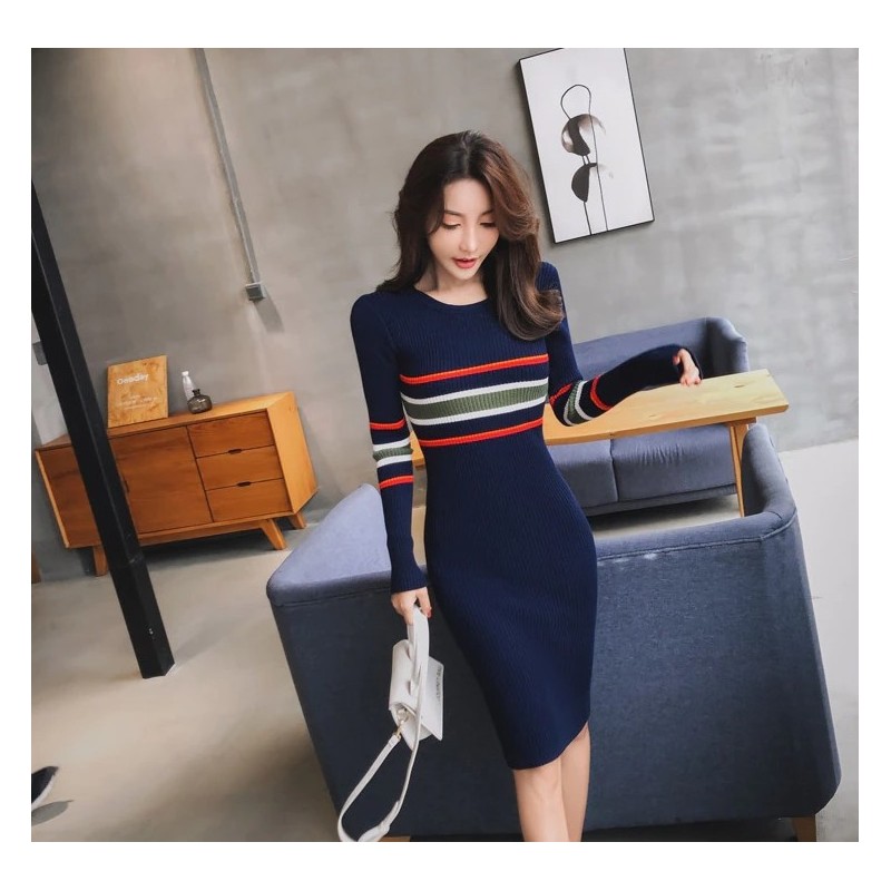 Elegant striped pencil dress - with long sleeveDresses