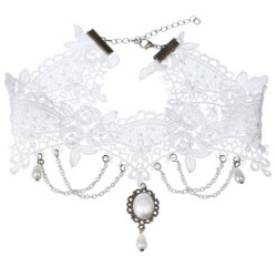 Fashionable white lace short necklace - with chains / pearls - Gothic styleNecklaces
