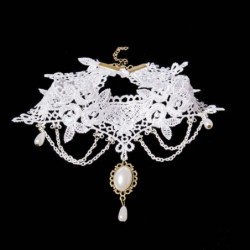 Fashionable white lace short necklace - with chains / pearls - Gothic styleNecklaces