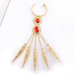 Five finger ring - with chains - gold bracelet - hollow out flowers / red crystalsBracelets