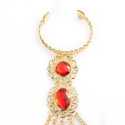 Five finger ring - with chains - gold bracelet - hollow out flowers / red crystalsBracelets