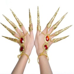 Five finger ring - with chains - gold bracelet - hollow out flowers / red crystalsBracelets