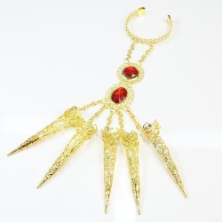Five finger ring - with chains - gold bracelet - hollow out flowers / red crystalsBracelets