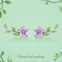 Purple-pink flower /green leaf - elegant earrings - 925 sterling silverEarrings