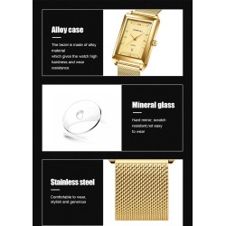 CRRJU - luxury square golden watch - Quartz - stainless steel mesh bracelet - waterproofWatches