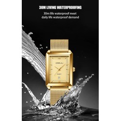 CRRJU - luxury square golden watch - Quartz - stainless steel mesh bracelet - waterproofWatches