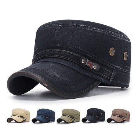 Retro flat hat with visor - washed cotton / leather-trimmedHats & Caps