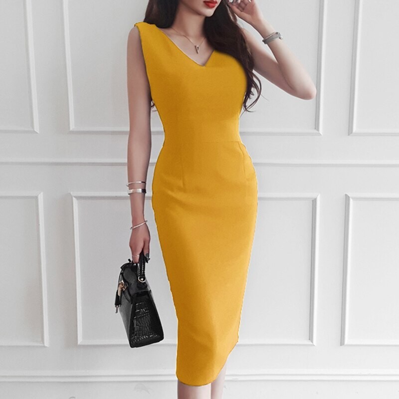 Elegant yellow dress - with V-neck / back slit / sleevelessDresses