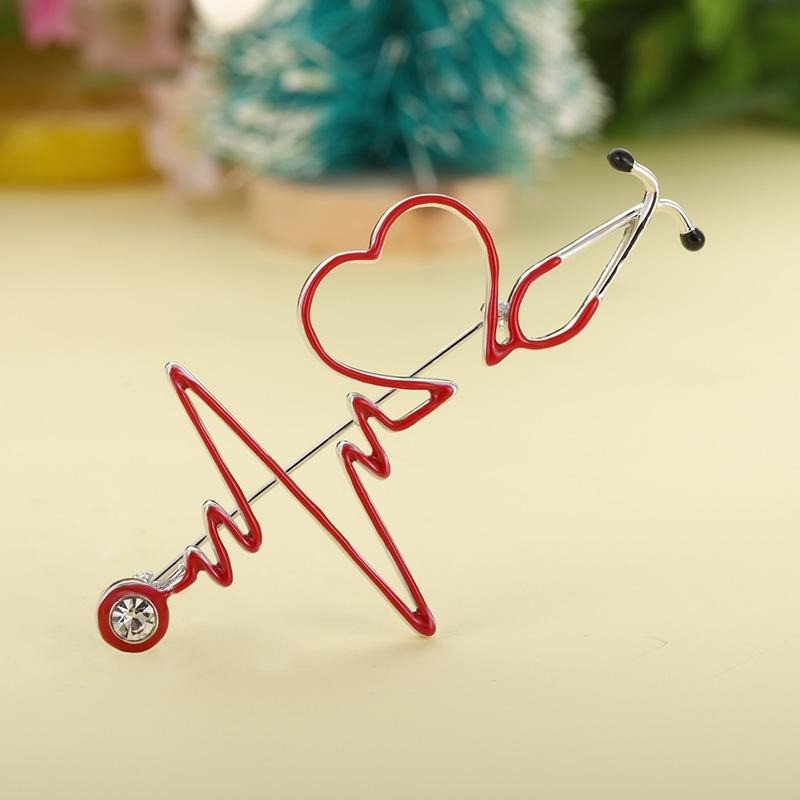 Medical brooch - electrocardiogram / stethoscope / heart - with crystalBrooches