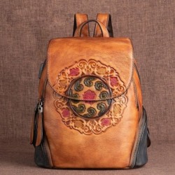 Women's retro backpack - floral embossing - genuine leather - large capacityBackpacks