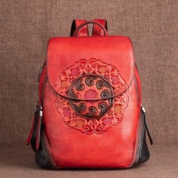 Women's retro backpack - floral embossing - genuine leather - large capacityBackpacks