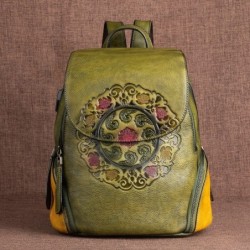 Women's retro backpack - floral embossing - genuine leather - large capacityBackpacks
