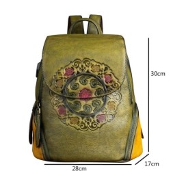 Women's retro backpack - floral embossing - genuine leather - large capacityBackpacks
