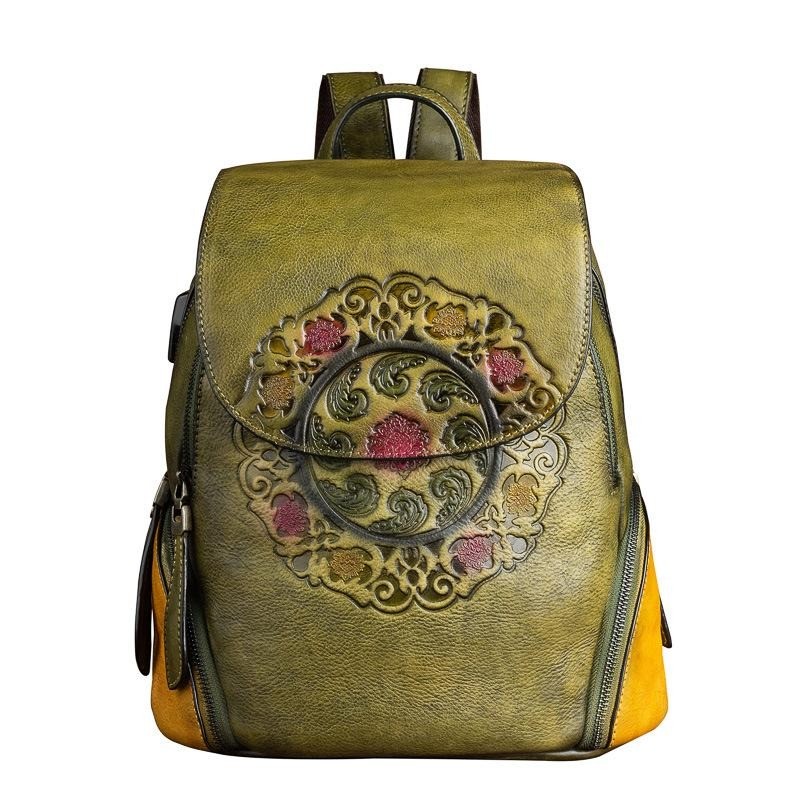 Women's retro backpack - floral embossing - genuine leather - large capacityBackpacks
