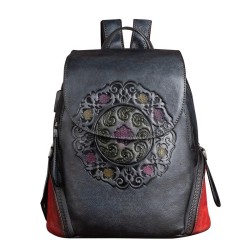 Women's retro backpack - floral embossing - genuine leather - large capacityBackpacks