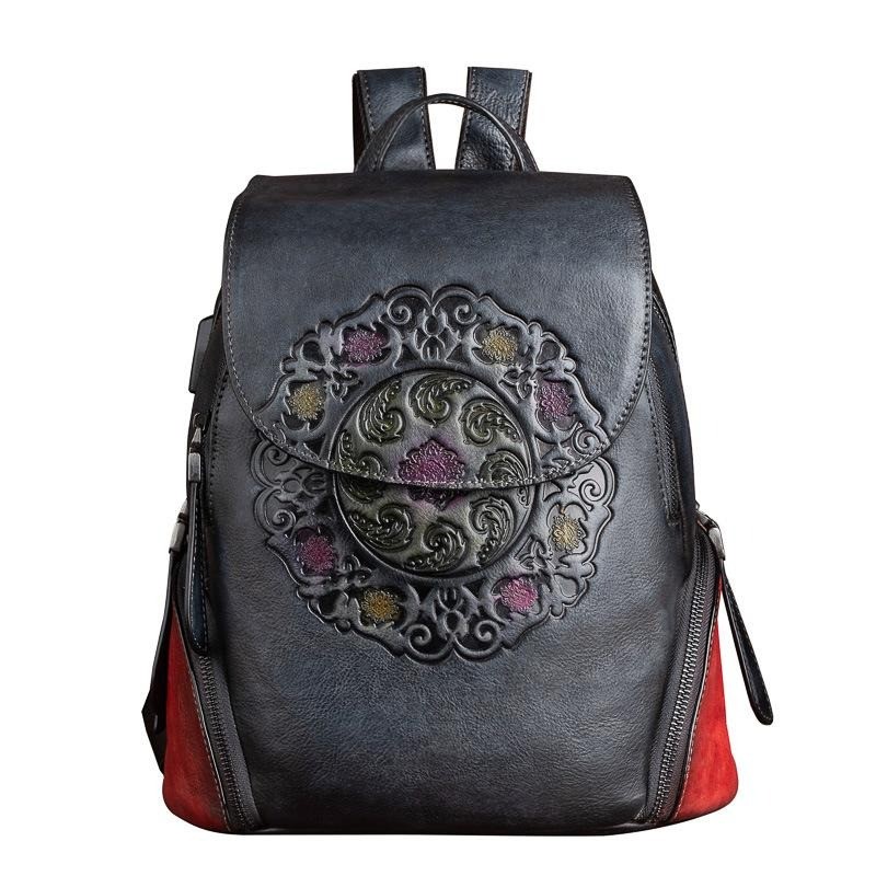 Women's retro backpack - floral embossing - genuine leather - large capacityBackpacks