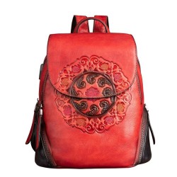 Women's retro backpack - floral embossing - genuine leather - large capacityBackpacks