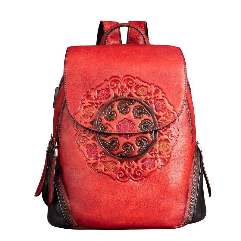 Women's retro backpack - floral embossing - genuine leather - large capacityBackpacks