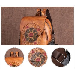 Women's retro backpack - floral embossing - genuine leather - large capacityBackpacks