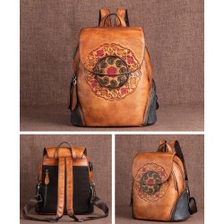 Women's retro backpack - floral embossing - genuine leather - large capacityBackpacks