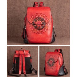 Women's retro backpack - floral embossing - genuine leather - large capacityBackpacks