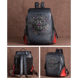 Women's retro backpack - floral embossing - genuine leather - large capacityBackpacks